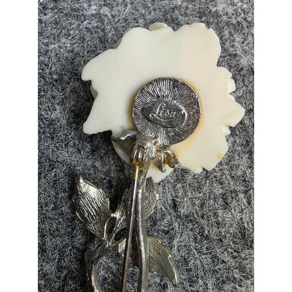 Vintage Lisa Silver Tone Ivory Rose Brooch Pin Floral Leaf Design Elegant - Picture 4 of 5